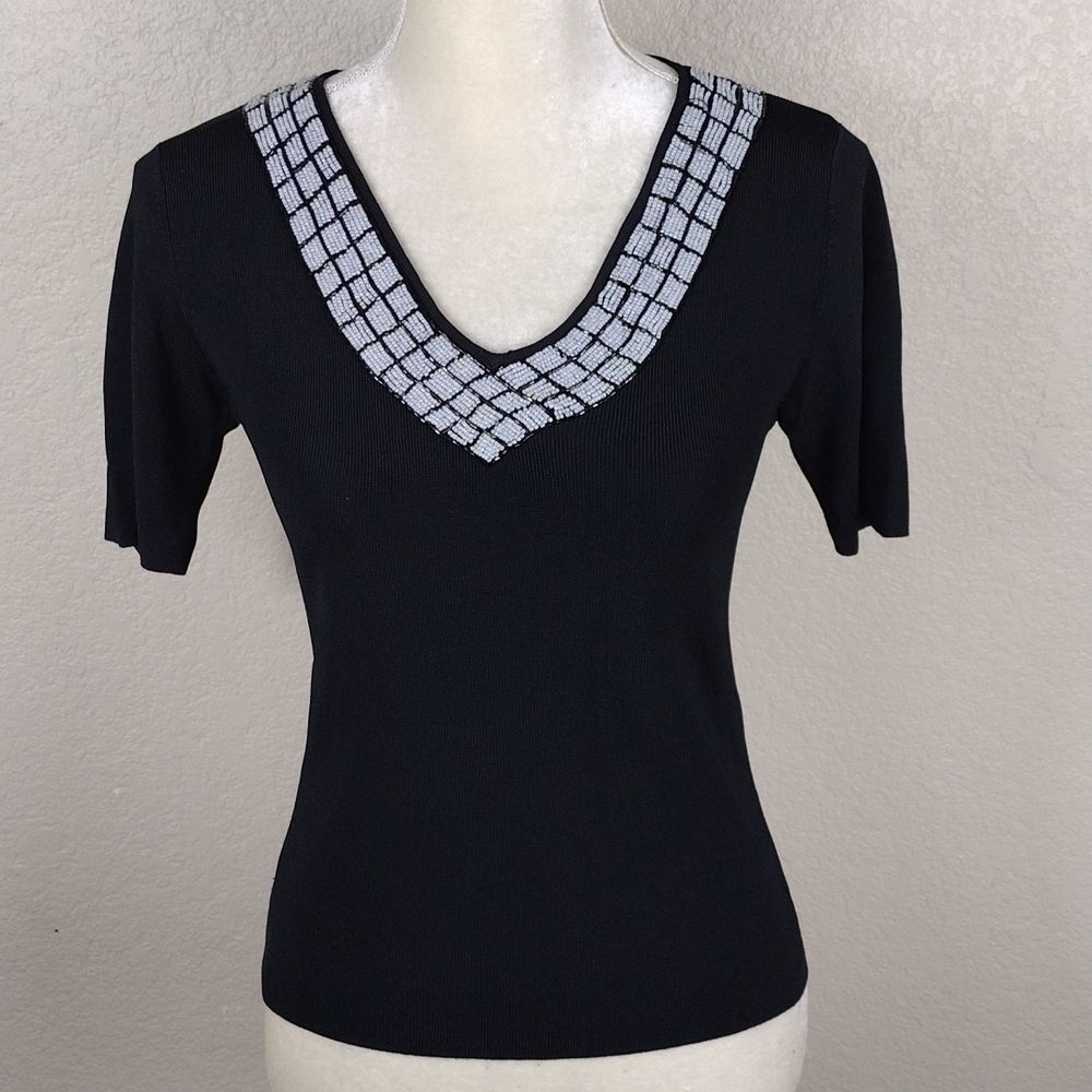 Loulou Embellished Pearl Bead Vneck Vintage Top